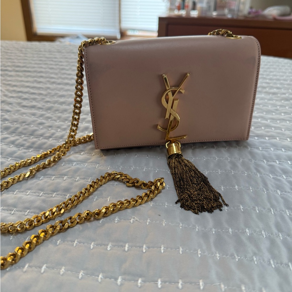 Authentic Yves Saint Laurent Mini Tassel Blush Crossbody with Gold Hardware